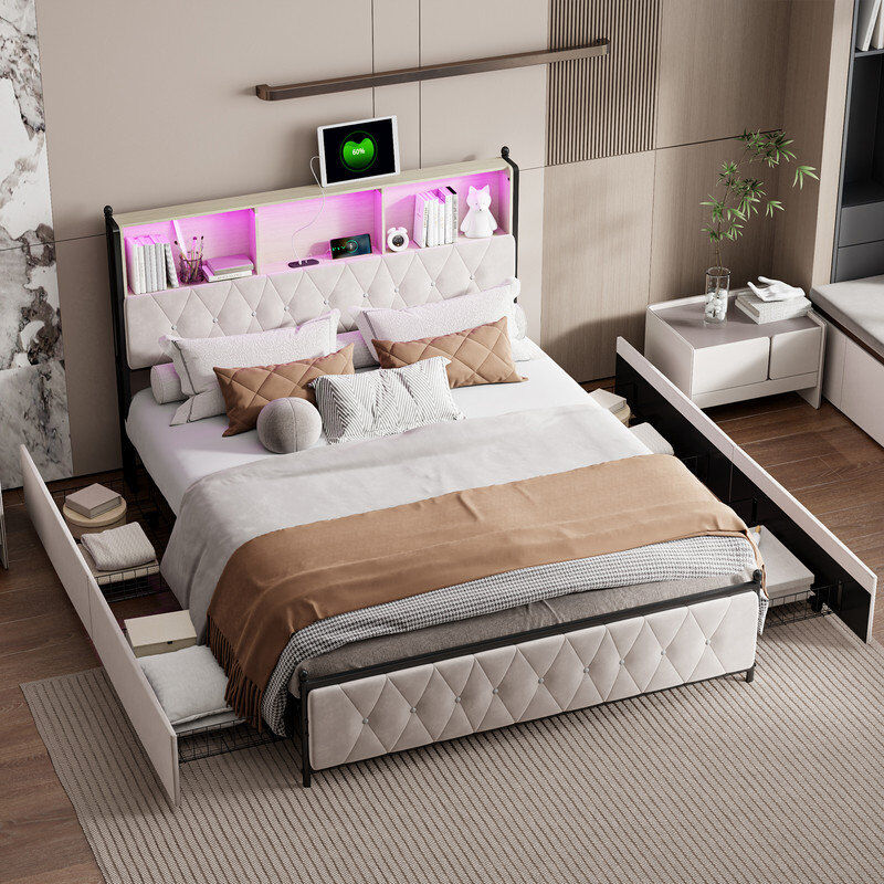 17 Stories Upholstered Velvet Drawers Bed Beige Kingsize (5')