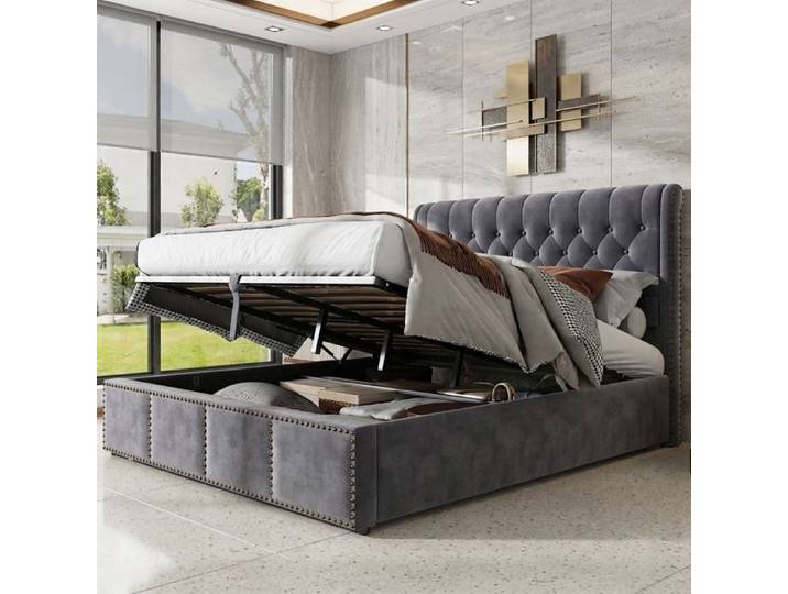 Lit double 160x200 cm avec stockage hydraulique lit rembourré avec décoration cuivre adulte&adolescent sans matelas gris velouté
