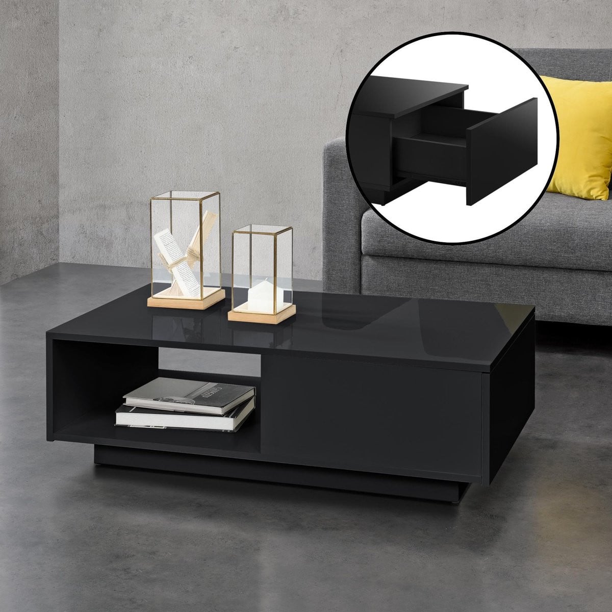 En.casa Salontafel Biskra met plank en lade zwart B: 95 cm, D: 55 cm, H: 31 cm