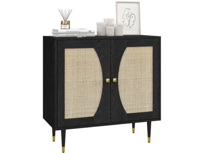 HOMCOM 31 Buffetschrank, verstellbares Regal, Rattanfront, Schwarz Boho Akzent Aufbewahrungsschrank, Soft-Close Türen