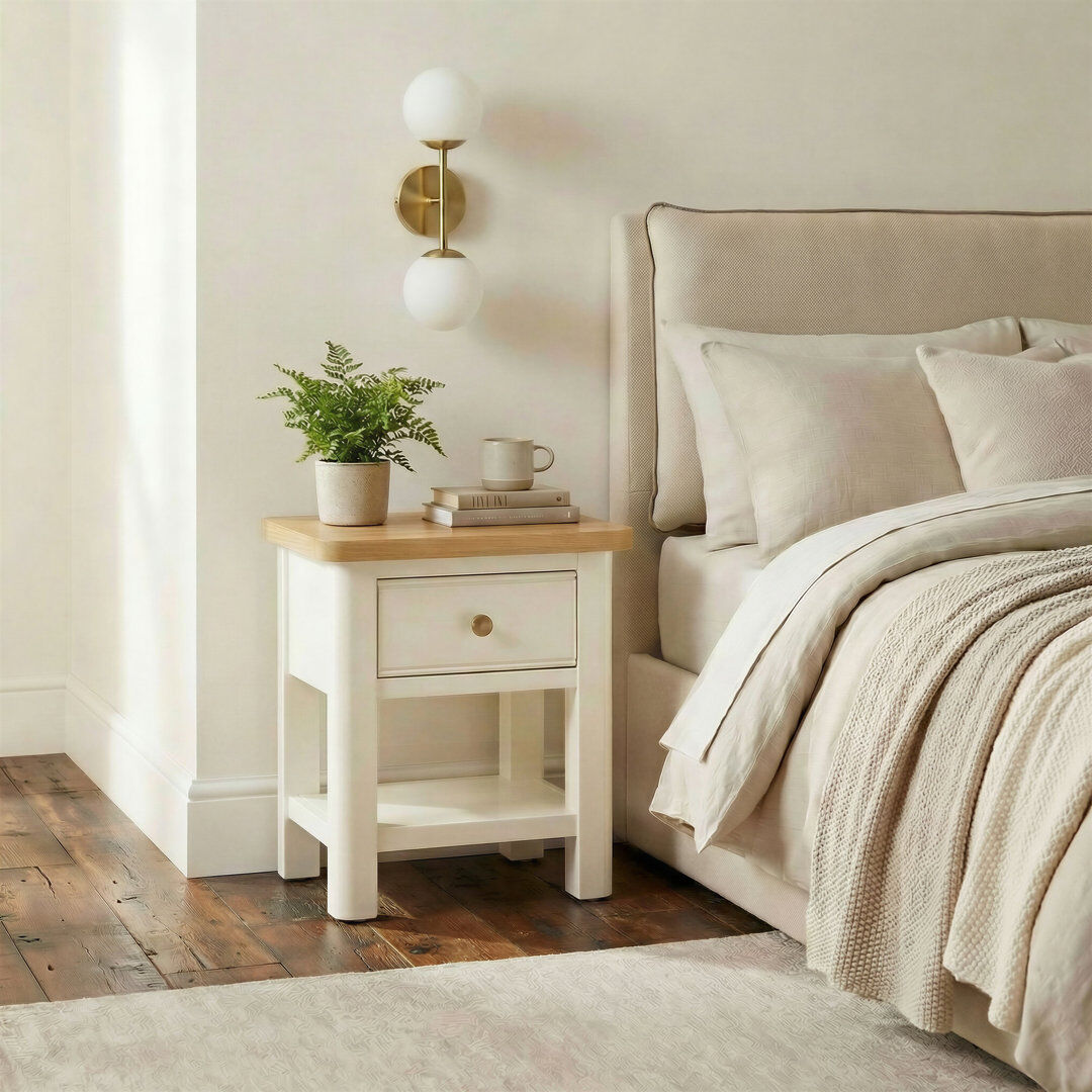 Rebrilliant Bodkin Wooden Bedside Table With Drawer - Traditional Farmhouse Style Oak/Cream 47cm H x 40cm W x 36cm D