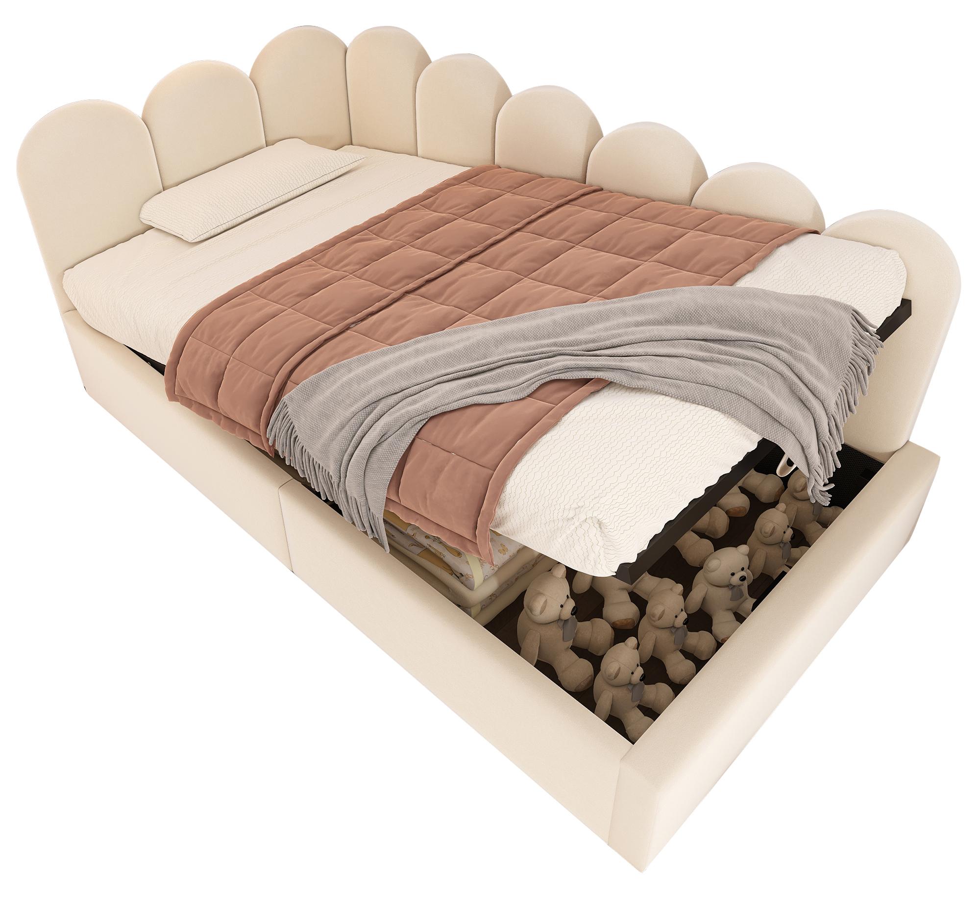 Polsterbett Daybett 90x200 cm in Beige ohne Matratze mit Hydraulikstauraum, Metall-Lattenrost und Samt
