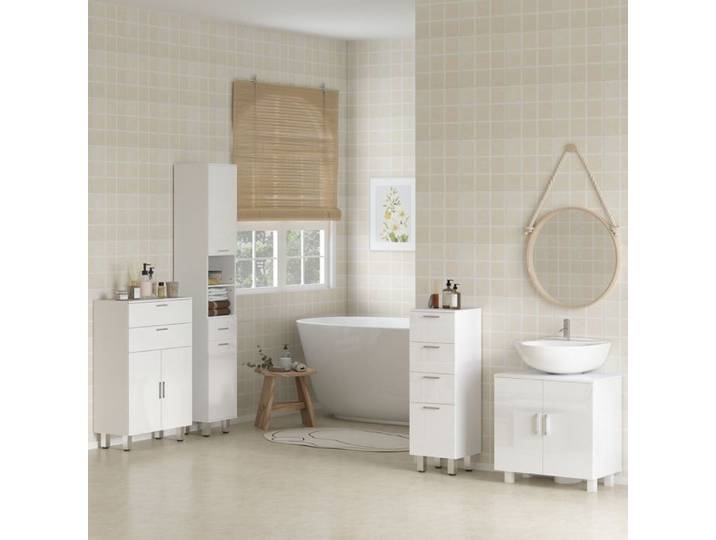 Meuble d'appoint - 30 x 30 x 93 cm - Blanc brillant - 4 tiroirs - Anti-basculement & pieds réglables