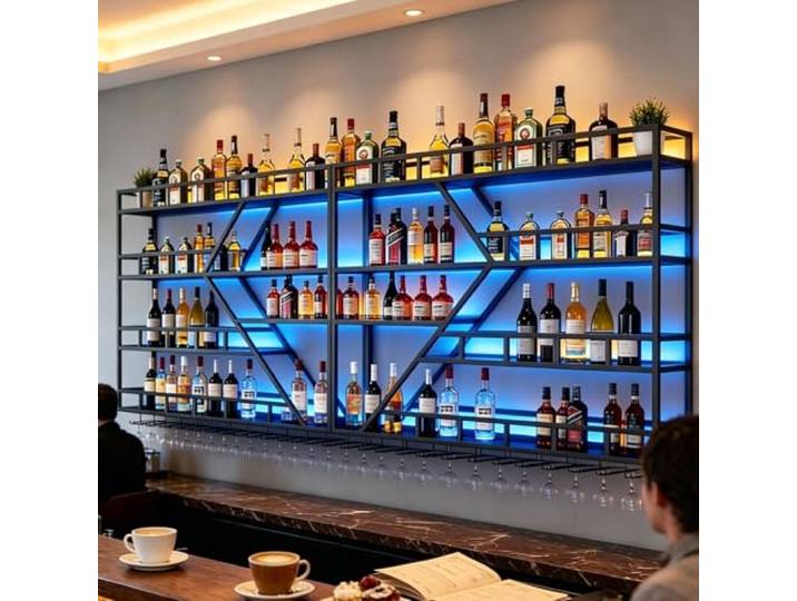 SPTZQURY Weinregal zur Wandmontage mit Wein Glashalter, 3 Lagiger Großes Industriell Schwebende Wandmontage Weinflaschenhalter, Bar Multifunktionaler Weinpareite Display Rack (Schwarz, 4 Tier,240cm)