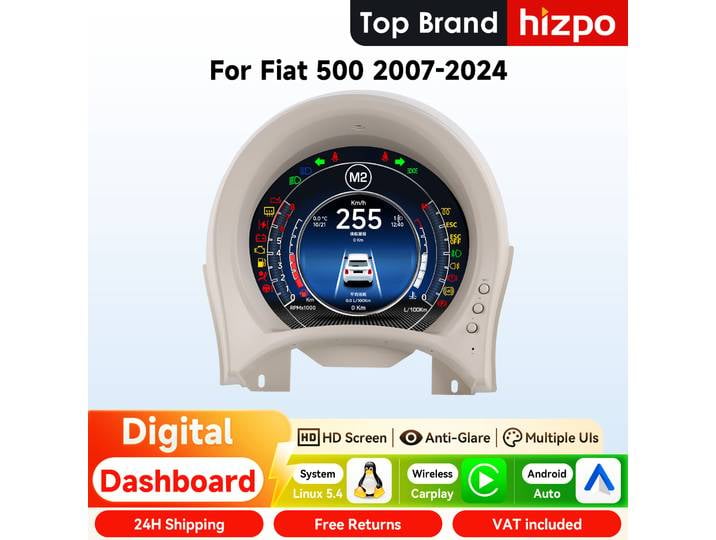Hizpo Tableau de bord numérique de 7 pouces pour Fiat 500 2007 - 2024, écran LCD, Carplay, Android Auto, compteur kilométrique personnalisable