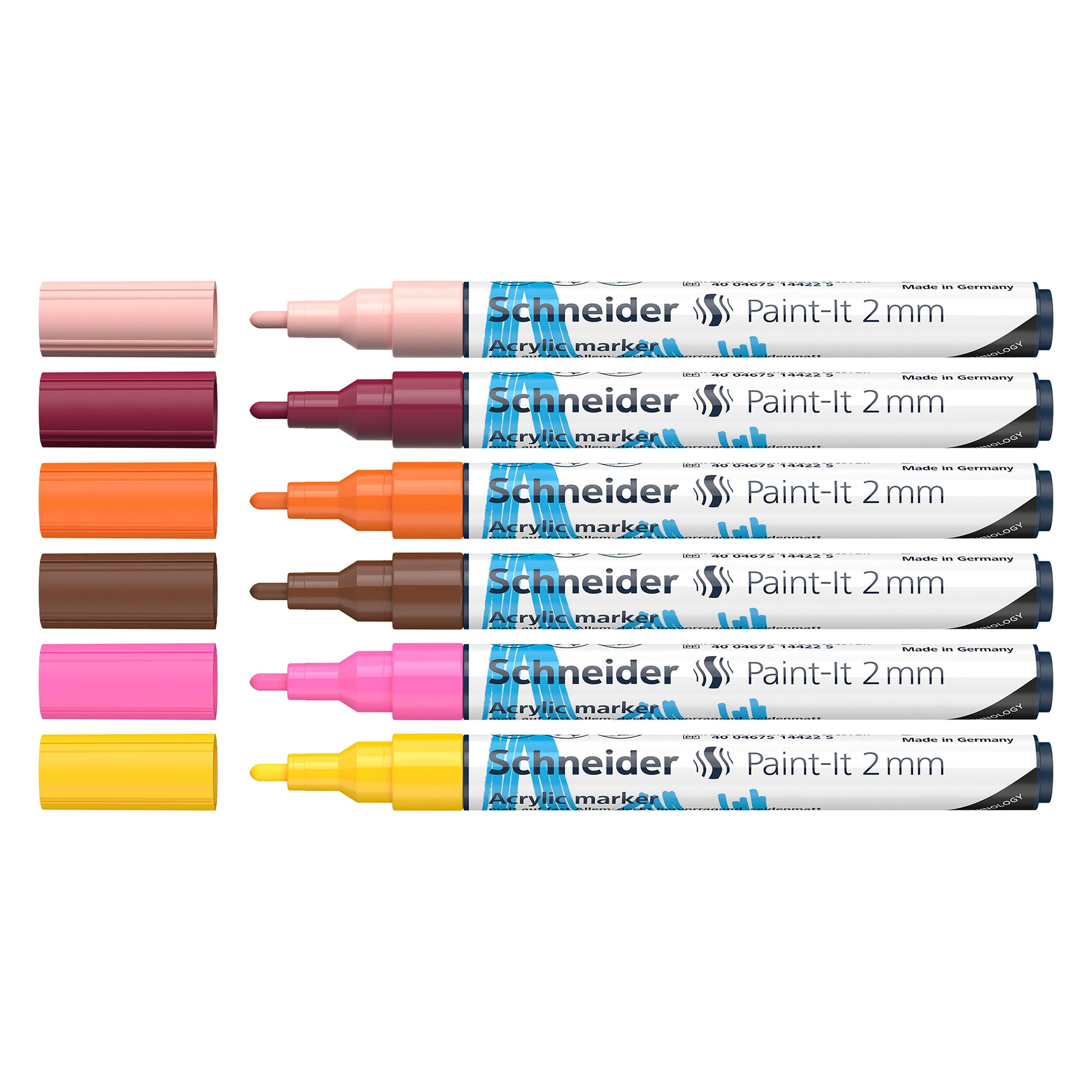 Schneider Paint-It Acrylstifte (Set 3 mit 2 mm Rundspitze, hochdeckende Acrylfarben für Holz, Leinwa (6x) (120197)