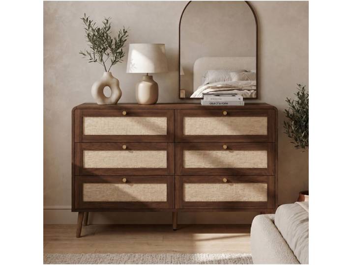 ROVRYN Commode chambre 6 tiroirs 120 cm finition noyer façades aspect rotin MDF