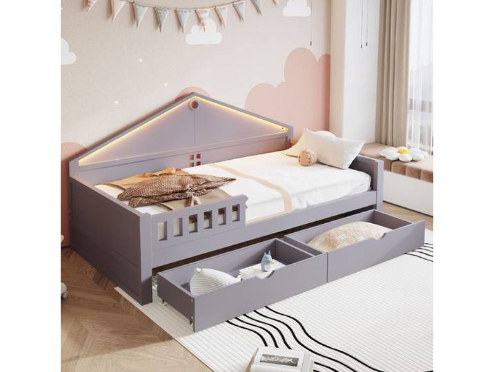 Lit enfant - ZEVKOR - 90x200 - Gris - LED intégrée - 2 tiroirs