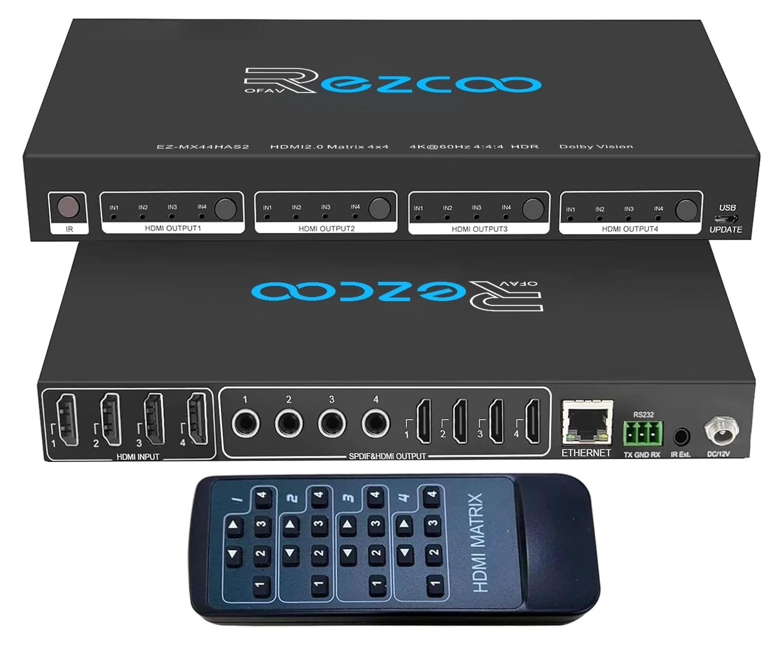 HDMI-Matrix HDMI-Switch Umschalter - 4 Eingänge 4 Ausgänge - 4K 60Hz - HDCP 2.2 - Mit Audio-Breakout und Fernbedienung