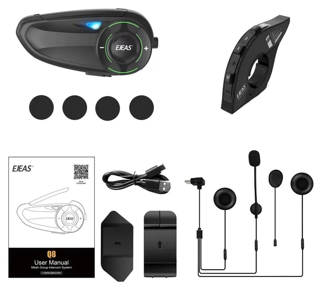 Motorradhelm-Gegensprechanlage - Q8-Headset - 1 Headset + 1 EUC - Mesh für 6 Personen - Reichweite 1.000 m - IP67-wasserdicht - Bluetooth