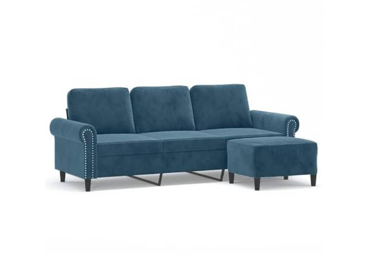 KUTYWEXFM 3-Sitzer Couch mit Hocker 212cm Samtsofa Blau Komfortables 3er Sessel Set aus Samt mit flexiblem Hocker fuer modernes Wohnzimmer und Entspannung.