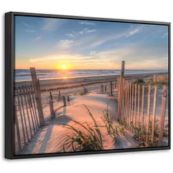 LEINWAND Bilder mit Rahmen - Strand - Meer - Düne - Sonnenuntergang - Landschaft - 40x30