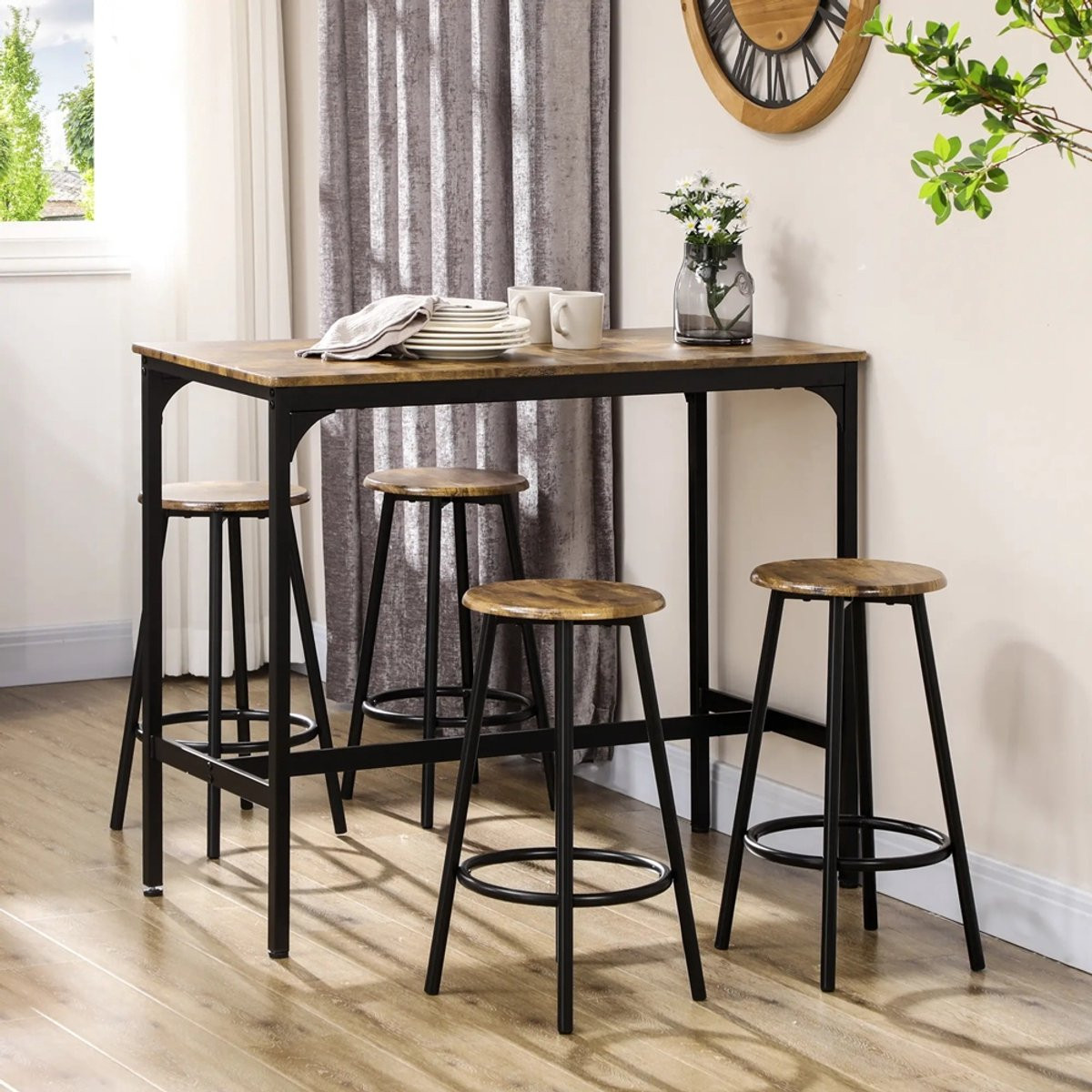 Sweiko Bartafel set 5-delig in industriële stijl met 1 bartafel en 4 stoelen - Zwart/Bruin