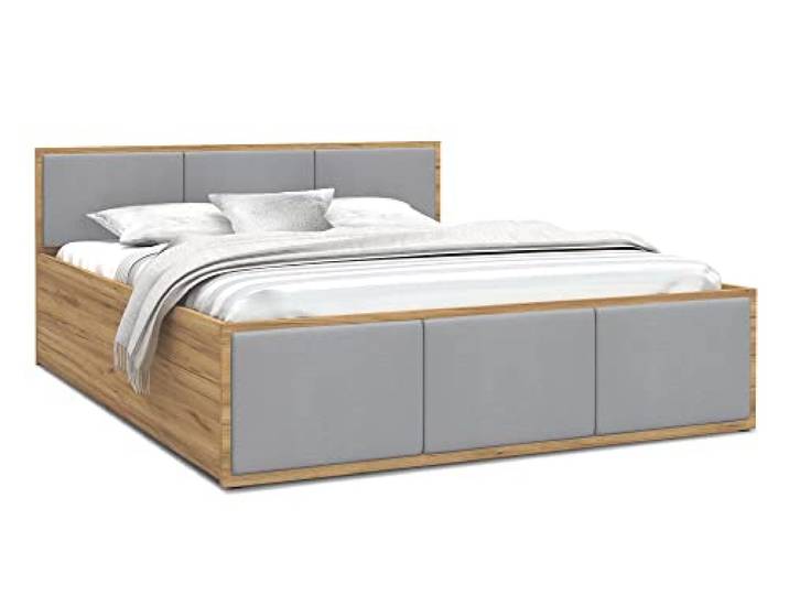 FurnitureByJDM Bett 140x200 mit Stauraum & Gepolsterte Einsätze Doppelbett mit Bettkasten und aufklappbarem Lattenrost – Stauraumbett mit Liftfunktion PANAMA (Eiche Craft / Graue Einsätze)