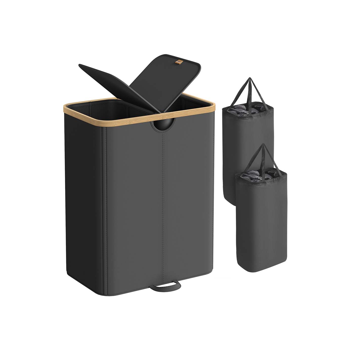 SONGMICS Wäschekorb mit zwei Fächern und Deckel Tintenschwarz und Naturbeige LCB523B01