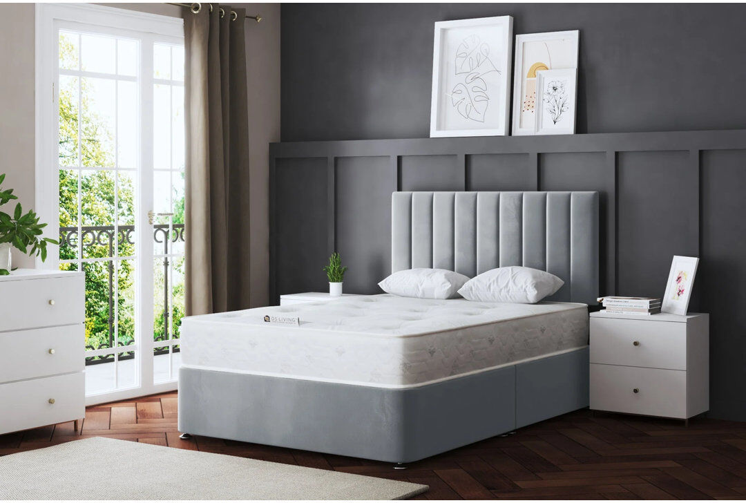 DS Living Upholstered Panel Divan Bed with Headboard Silver Kingsize (5')