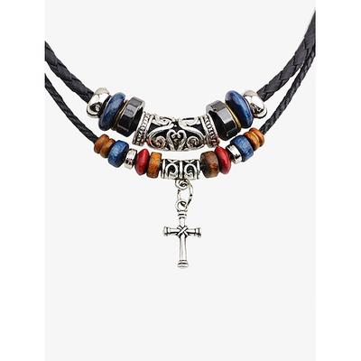 Mehrreihige Halskette mit Ankeranhänger für Herren – mattiertes Seil, schwarzer Gallenstein, Holzperlen und Legierung, verstellbare Länge, nautischer Stil für Freizeit und Strand