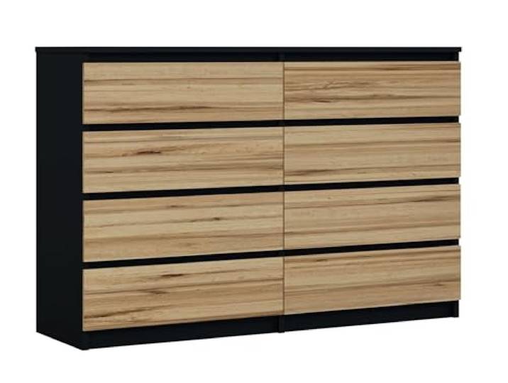 3xE Living Kommode 138 cm, 8 Schubladen, Schwarz/Wotan Eiche, 138 x 39 x 101 cm