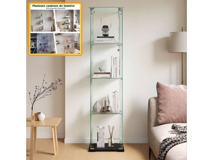 Vitrine en Verre avec LED Vitrine pour collection en Verre Transparent vitrine avec 4 Couches avec 1 Porte Vitrine salon Noir