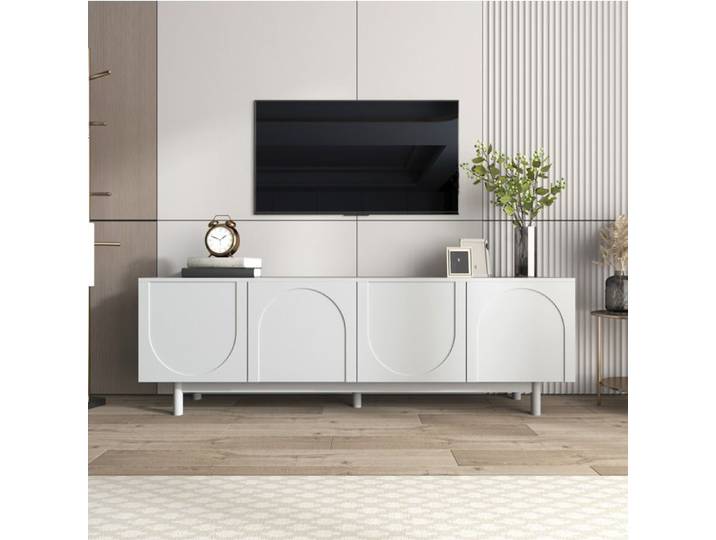 ROVRYN Meuble TV blanc 175 cm 4 portes push-to-open étagères réglables meuble bas de rangement