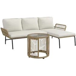 OKWISH Outdoor-Loungeset aus PE-Rattan und Polyester in Cremeweiß, 3-teilig mit Sonnenliege, 2-Sitzer-Sofa und Tisch, wetterbeständig