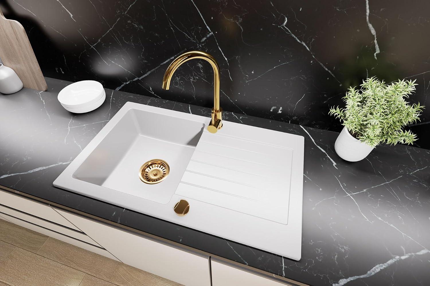 Faizee Home | Granitspüle 75x44 Küchenspüle in Gold für Unterschränke ab 45 cm mit Siphon-Set in Weiß
