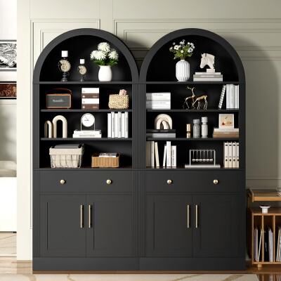 "Modern 70.8"" Bookshelf with 4-layer LED Lightings, Arched Display Bookcase with Adjustable Shelves (Set of 2)"