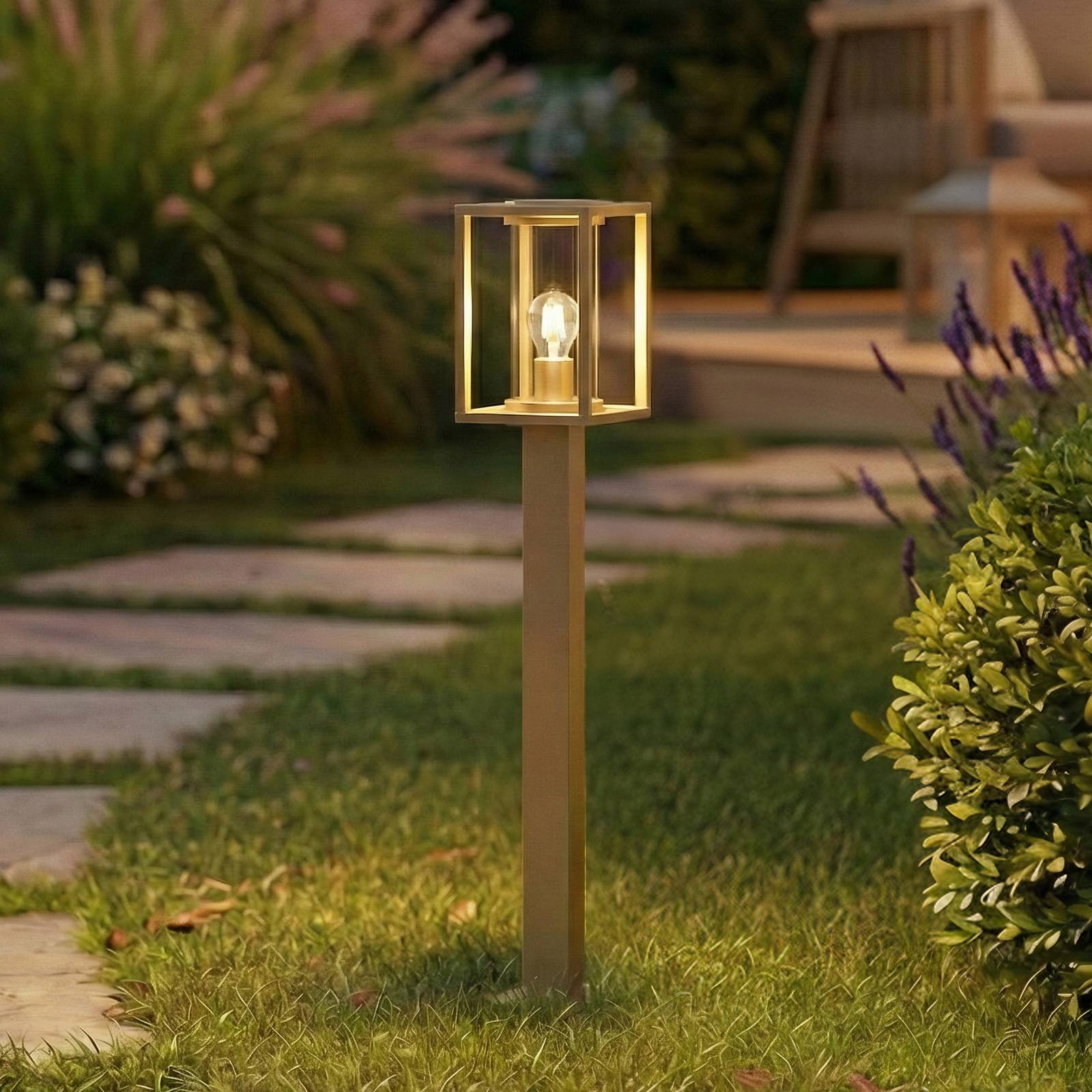 Lucande Ferda moderne tuinpadverlichting, bruin, aluminium en glas, IP44, 100 cm
