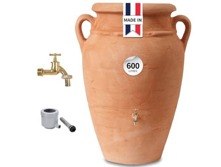 GARANTIA Amphore Antik Recuperateur d Eau de Pluie Kit 600L Terracotta Gris Robinet Laiton\, bac à Plantes\, collecteur Eco de Luxe