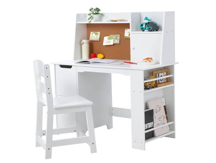 Thaookte Kinderschreibtisch Mit Stuhl Set, Multifunktionaler Kinderlerntisch Mit Regal & Schrank & Pinnwand, Schreibtisch Kinder Mit Ergonomischer Hocker Für Schüler, Kinder Ab 3 Jahren, Weiß