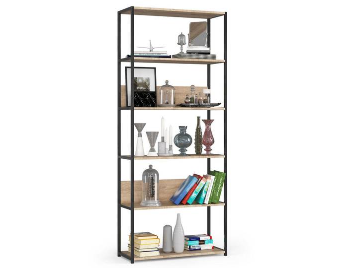 Akord Industrieregal Schwarz, Sonoma Eiche 80x192x32 cm, Metall, Nachbildung, 6 Fächer, Rechteckig,Rechteckig, 80x192x32 cm, Wohnzimmer, Regale, Bücherregale