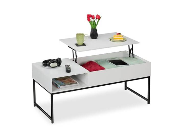 Relaxdays Couchtisch aufklappbar, HBT 45x110x50 cm, Seitenfach, Wohnzimmertisch mit Stauraum, Holzoptik & Metall, Farben