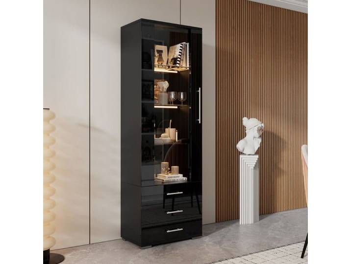 Vitrine Autoportante Noire Laquée 180cm - Éclairage LED & 3 Tiroirs - Meuble de Présentation Verre 60x35x180 cm