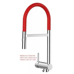 Wasserhahn Vorfenster Küchenarmatur, Umklappbar 6 CM, LINKER HEBEL, mit 360° schwenkbarem Auslauf abnehmbare 2 strahl Handbrause, Verchromt / Rot