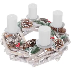 Mendler Adventskranz rund, Weihnachtsdeko Tischkranz, Holz Ø 35cm weiß-grau ~ mit Kerzen, weiß