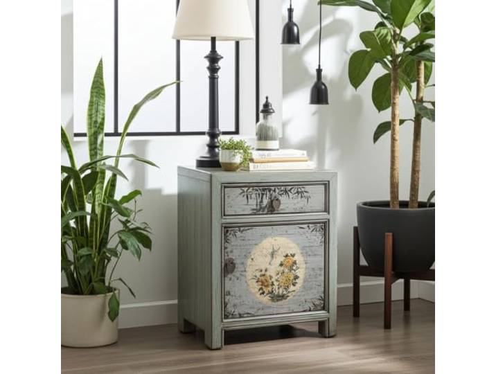 OPIUM OUTLET Nachttisch Nachtschrank Nachtschränkchen Nacht-Konsole Kommode Schrank asiatisch orientalisch chinesisch Vintage Shabby-chic, Lieferung komplett montiert (hellgrau)
