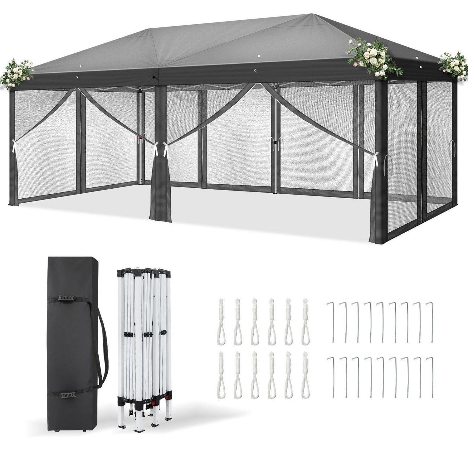 Faltpavillon 3x6m Anthrazit Wasserdicht UV-Schutz 50+ mit 6 Moskitonetzen