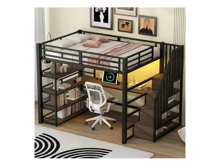 HAUSS SPOLE Hochbett mit Treppe, Metallbett Jugendbett mit LED-Licht&Schreibtisch (Metall-Hochbett mit Treppe, Schreibtisch, Stauraum & LED-Beleuchtung, Schwarz, Stabile Konstruktion, 1-St., 140x200)