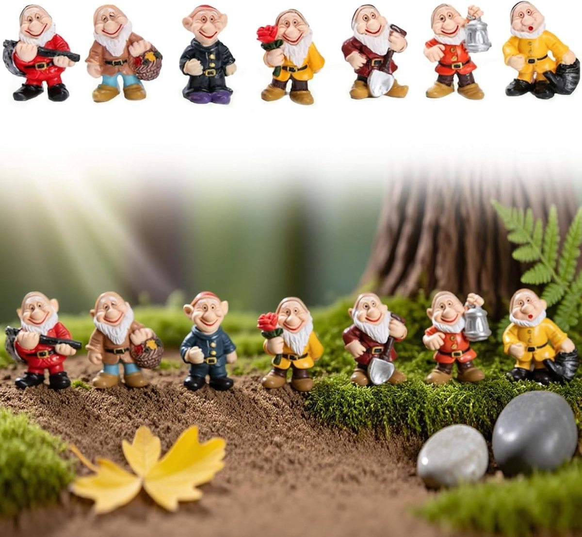 Set van 7 Mini Tuinkabouters van 4,5 cm, Houten Tuindecoratie voor Buiten en Balkon