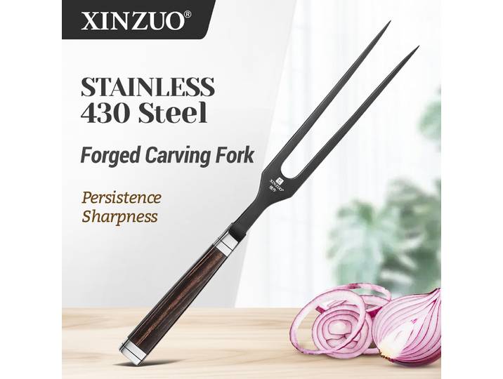 Fourchette à découper XINZUO Premium en acier inoxydable 430, manche en bois antidérapant, outil de cuisine professionnel pour barbecue, rôtissage et découpe de viande