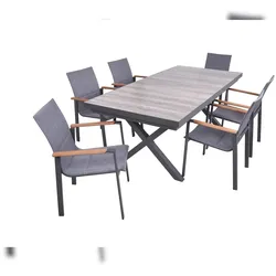 DELUKE Garten-Sitzgruppe JANA 7-tlg. - Alu/Keramik, Eiche-Optik, Grau | Gartenmöbel-Set Gartengarnitur Garten-Essgruppe mit Stapelstühlen C und Esstisch