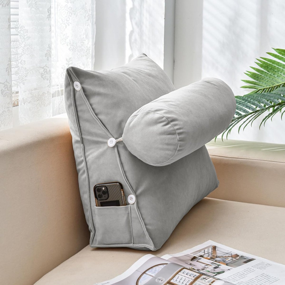 Verstelbaar Driehoekig Leeskussen - Rugsteun Kussen voor Bed en Bank - B/D/H: 45 x 45 x 20 cm