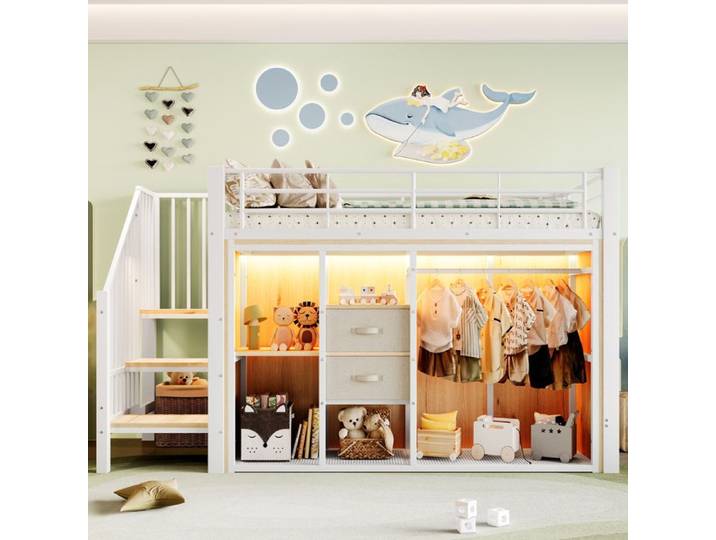 Lit mi-hauteur - KOMHTOM - 90x200 - 2 tiroirs - armoire ouverte - LED multicolore