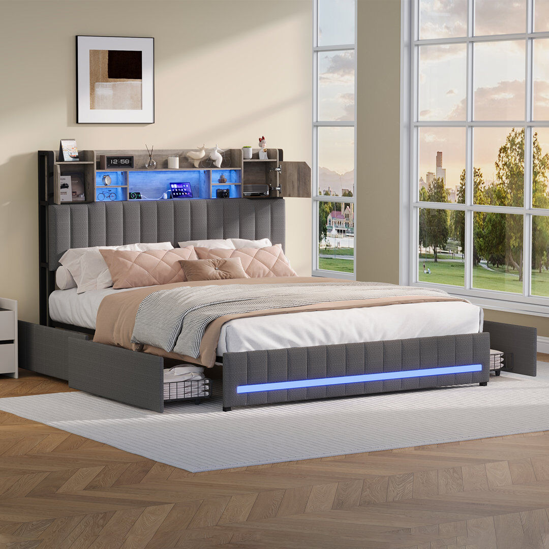 Ivy Bronx Upholstered Linen Bed Dark Grey European Double (140 x 200 cm)