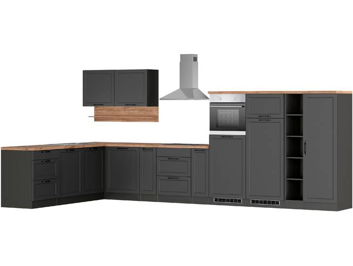 Winkelküche, Holzwerkstoff, Grau Matt & Graphit, 240×440 cm, Mit E-Geräten & Cerankochfeld, Modern, KS-Lana
