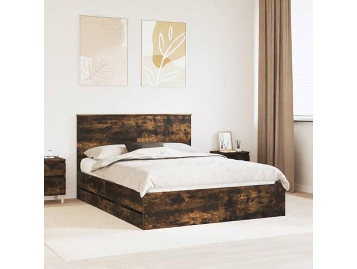 RJPLMFV Bettgestell, 150 x 200 cm, Holz, Eiche, Rauchgrau Freistehendes Design, inklusive Latten, versteckte Aufbewahrung, einfache Reinigung