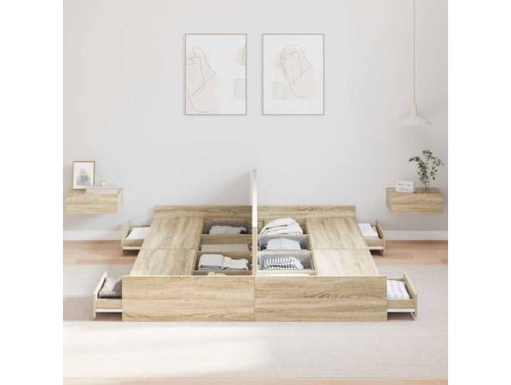KTHLBRH Boxspringbett 160 x 200 cm Eiche Sonoma 4 integrierte Schubladen, mehrschichtiges Holz, max. 200 kg, moderner Stil