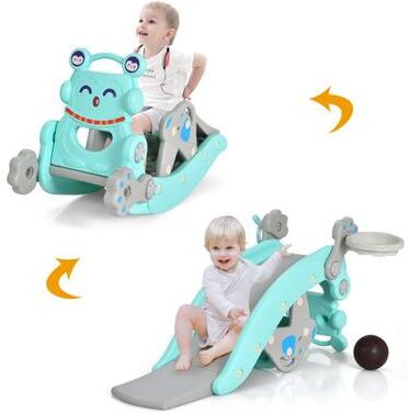 Costway 4-in-1 Rocking Horse and Slide Set for Kids-Blue