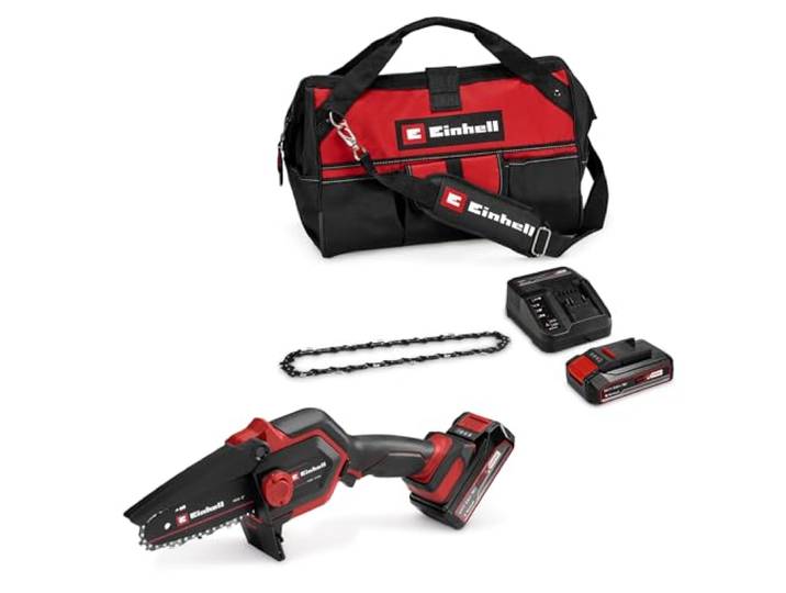 Einhell Mini tronçonneuse sans fil GE-PS 18/15 Li Bag Kit PXC 18 V moteur Brushless longueur de coupe 12\,5 cm batterie 2\,5 Ah chaîne de rechange Bag 45/29