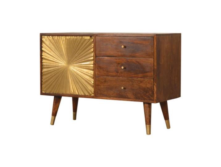 Artisan Furniture Sideboard Kastanien-Finish, 3 Schubladen, 1 großes Regal, Braun und Gold, Mangoholz, Echtholz,Mangoholz, Rechteckig, 35x60x85 cm, Kleinmöbel, Kommoden, Sideboards